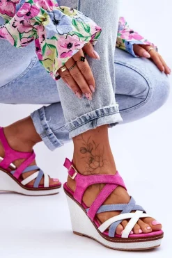 Sale Sandały Na Koturnie Z Paseczkami Fuksja Ellen Damskie Sandały Na Koturnie