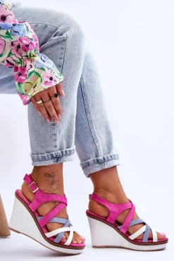 Sale Sandały Na Koturnie Z Paseczkami Fuksja Ellen Damskie Sandały Na Koturnie