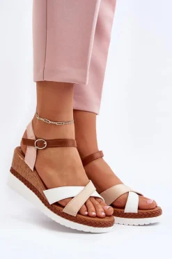 Hot Sandały Na Koturnie Z Paskami Beżowe Kioda Damskie Sandały Na Koturnie
