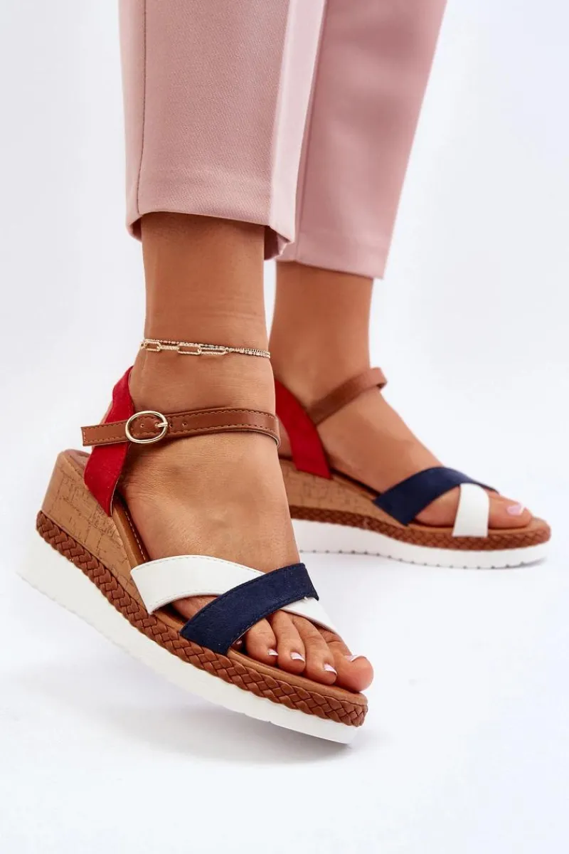 Best Boto Sandały Na Koturnie Z Paskami Biało-Granatowe Kioda