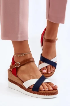 Best Boto Sandały Na Koturnie Z Paskami Biało-Granatowe Kioda