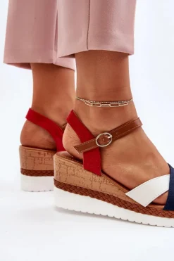 Best Boto Sandały Na Koturnie Z Paskami Biało-Granatowe Kioda