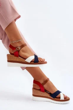 Best Boto Sandały Na Koturnie Z Paskami Biało-Granatowe Kioda