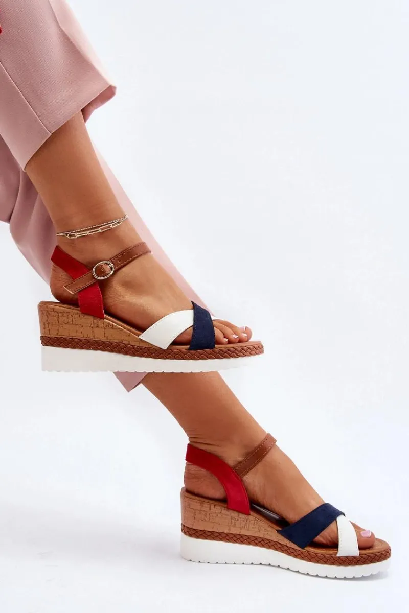 Best Boto Sandały Na Koturnie Z Paskami Biało-Granatowe Kioda