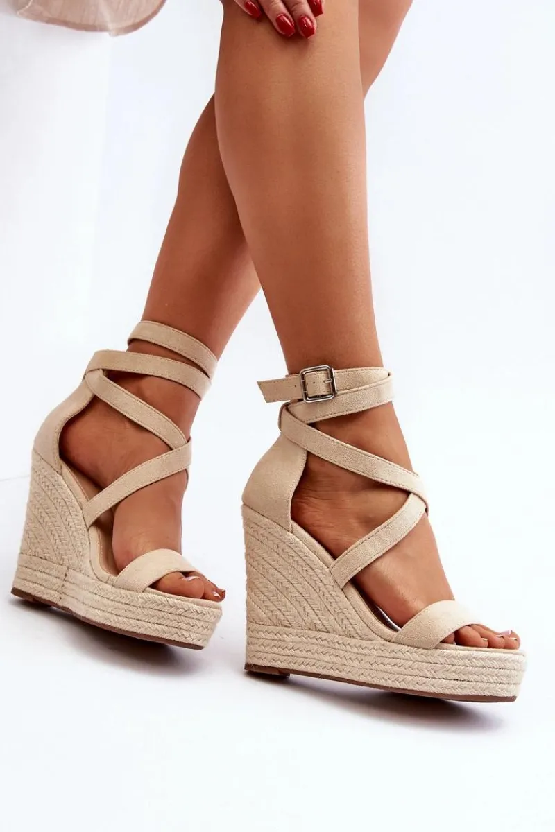 Sandały Na Koturnie Z Plecionką Beżowe Salthe Damskie Sandały Na Koturnie