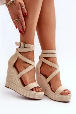 Sandały Na Koturnie Z Plecionką Beżowe Salthe Damskie Sandały Na Koturnie