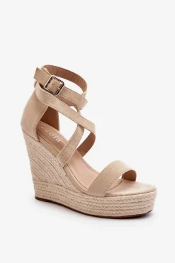 Sandały Na Koturnie Z Plecionką Beżowe Salthe Damskie Sandały Na Koturnie