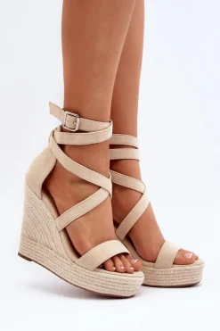 Sandały Na Koturnie Z Plecionką Beżowe Salthe Damskie Sandały Na Koturnie