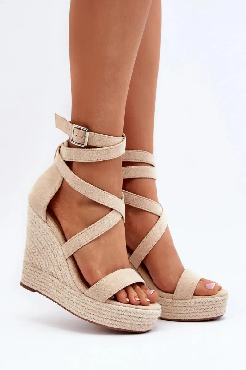 Sandały Na Koturnie Z Plecionką Beżowe Salthe Damskie Sandały Na Koturnie