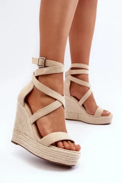 Sandały Na Koturnie Z Plecionką Beżowe Salthe Damskie Sandały Na Koturnie
