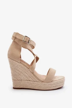 Sandały Na Koturnie Z Plecionką Beżowe Salthe Damskie Sandały Na Koturnie
