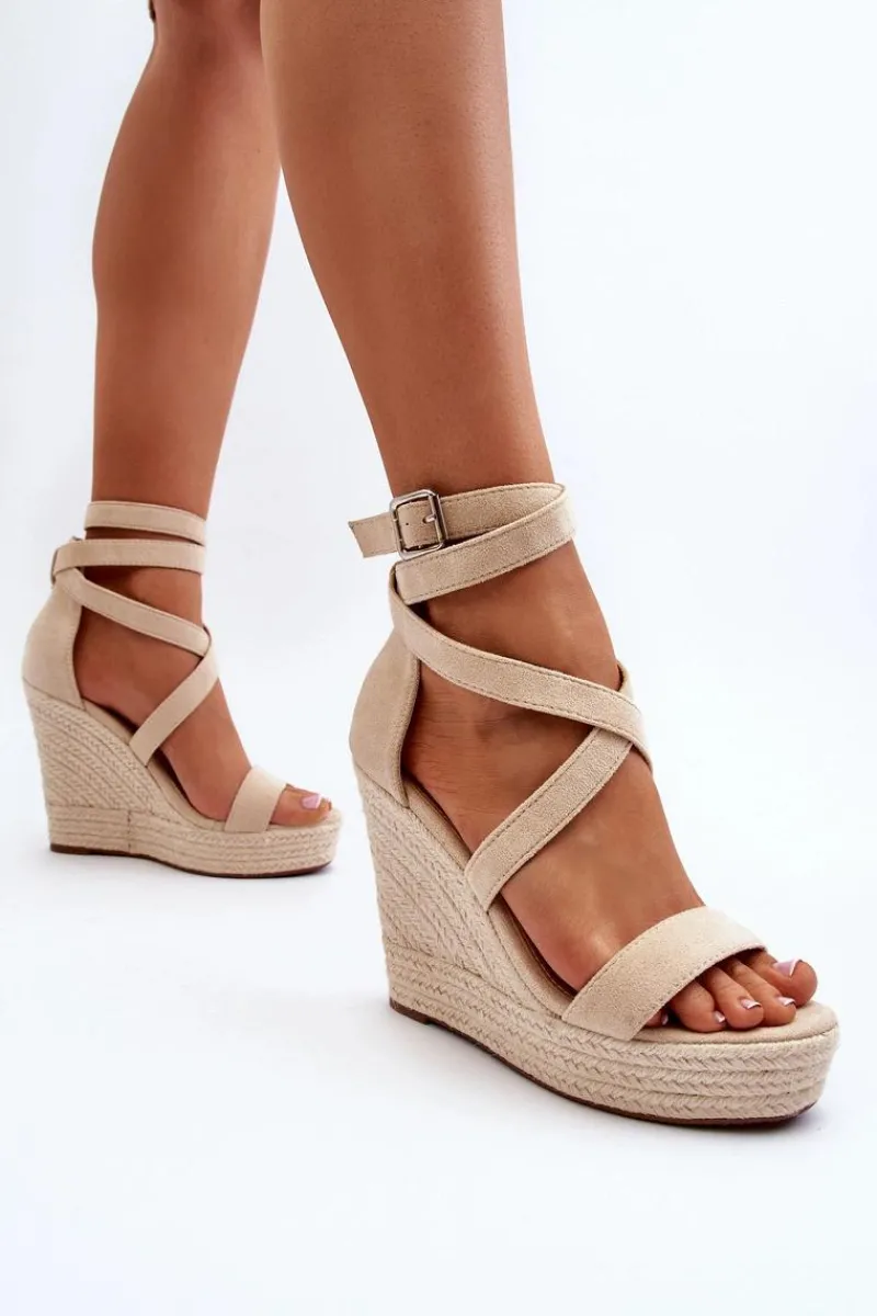Sandały Na Koturnie Z Plecionką Beżowe Salthe Damskie Sandały Na Koturnie