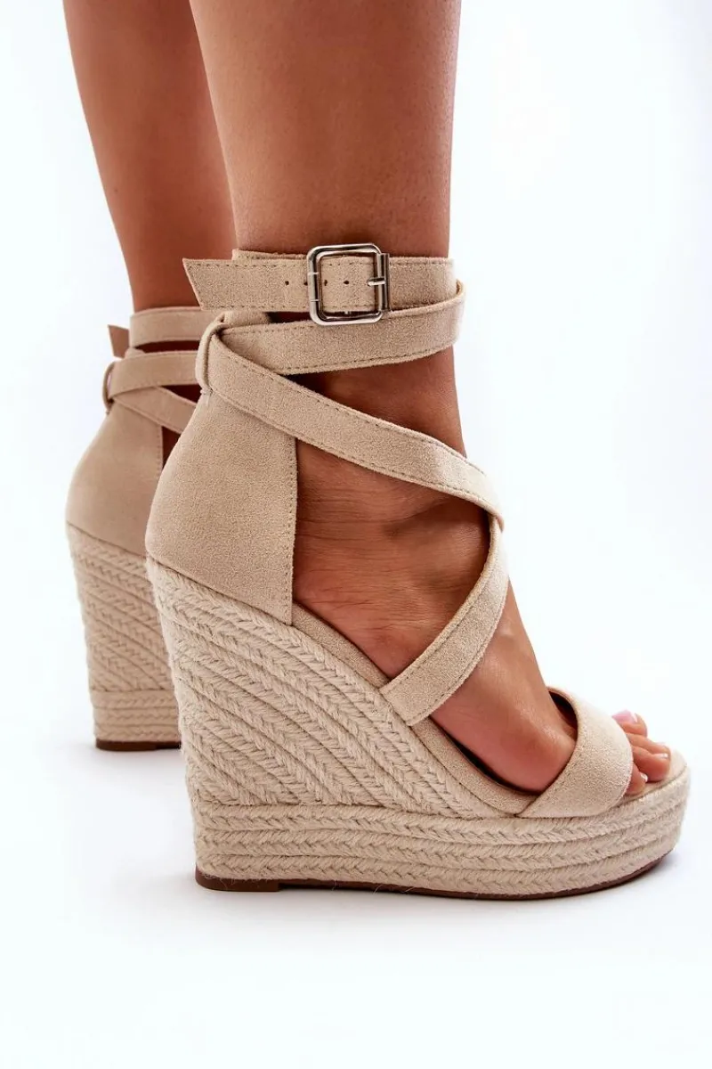 Sandały Na Koturnie Z Plecionką Beżowe Salthe Damskie Sandały Na Koturnie
