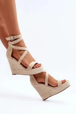 Sandały Na Koturnie Z Plecionką Beżowe Salthe Damskie Sandały Na Koturnie