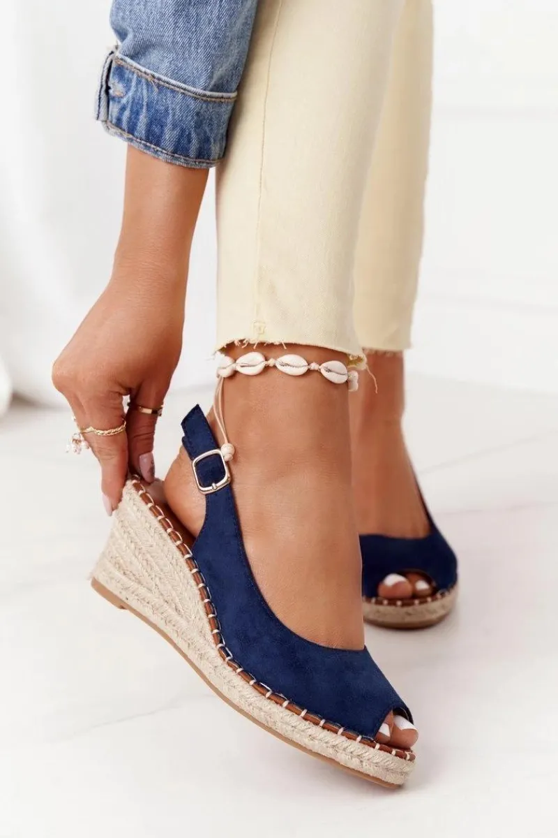 Best Sandały Na Koturnie Z Plecionką Granatowe Las Palomas Damskie Sandały Na Koturnie