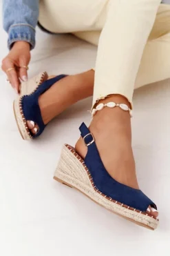 Best Sandały Na Koturnie Z Plecionką Granatowe Las Palomas Damskie Sandały Na Koturnie