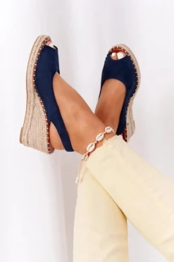 Best Sandały Na Koturnie Z Plecionką Granatowe Las Palomas Damskie Sandały Na Koturnie