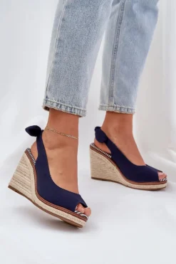 Sale Boto Sandały Na Koturnie Z Plecionką Granatowe Nanalis Niebieski