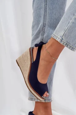 Sale Boto Sandały Na Koturnie Z Plecionką Granatowe Nanalis Niebieski