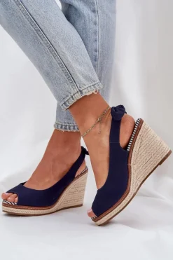 Sale Boto Sandały Na Koturnie Z Plecionką Granatowe Nanalis Niebieski