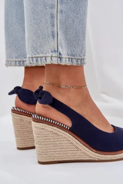 Sale Boto Sandały Na Koturnie Z Plecionką Granatowe Nanalis Niebieski