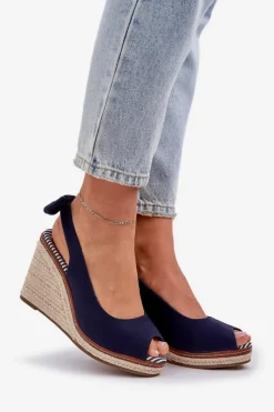 Sale Boto Sandały Na Koturnie Z Plecionką Granatowe Nanalis Niebieski