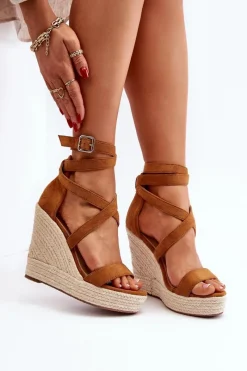 Discount Boto Sandały Na Koturnie Z Plecionką Camel Salthe