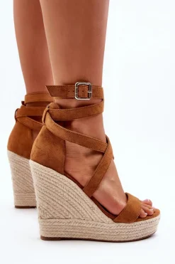 Discount Boto Sandały Na Koturnie Z Plecionką Camel Salthe