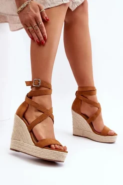 Discount Boto Sandały Na Koturnie Z Plecionką Camel Salthe