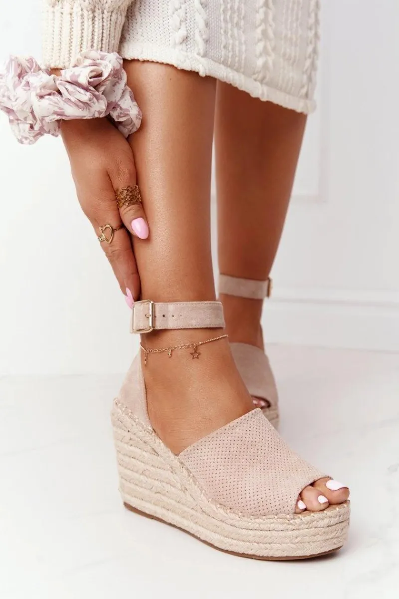 Sandały Na Koturnie Z Plecionką Beżowe Makenna Damskie Sandały Na Koturnie