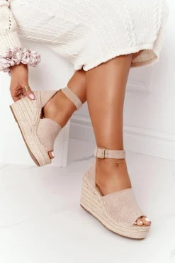 Sandały Na Koturnie Z Plecionką Beżowe Makenna Damskie Sandały Na Koturnie