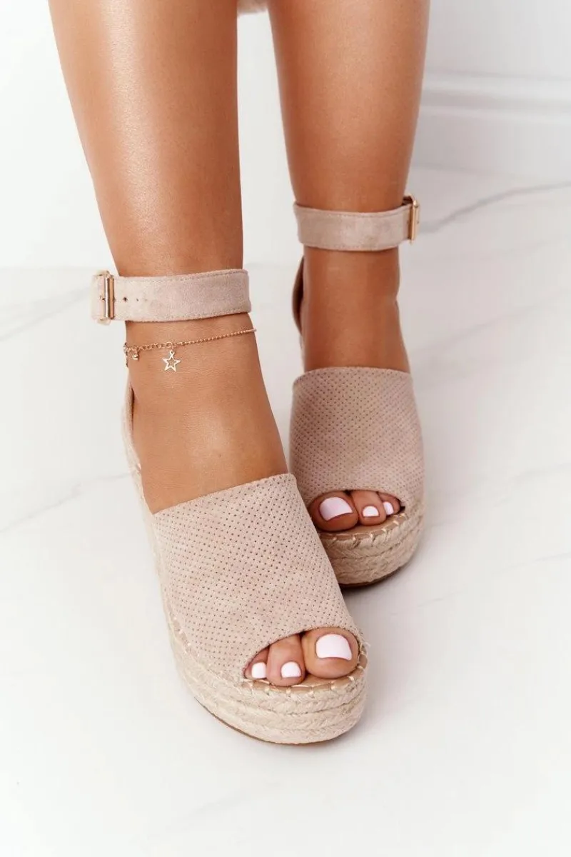 Sandały Na Koturnie Z Plecionką Beżowe Makenna Damskie Sandały Na Koturnie