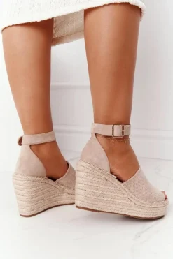 Sandały Na Koturnie Z Plecionką Beżowe Makenna Damskie Sandały Na Koturnie