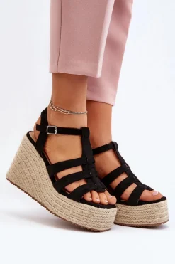 Sale Sandały Na Koturnie Z Plecionką Czarne Gnosis Damskie Sandały Na Koturnie
