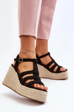 Sale Sandały Na Koturnie Z Plecionką Czarne Gnosis Damskie Sandały Na Koturnie