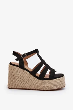 Sale Sandały Na Koturnie Z Plecionką Czarne Gnosis Damskie Sandały Na Koturnie