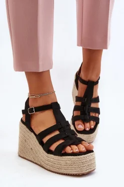 Sale Sandały Na Koturnie Z Plecionką Czarne Gnosis Damskie Sandały Na Koturnie