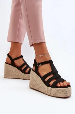 Sale Sandały Na Koturnie Z Plecionką Czarne Gnosis Damskie Sandały Na Koturnie