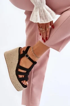 Sale Sandały Na Koturnie Z Plecionką Czarne Gnosis Damskie Sandały Na Koturnie