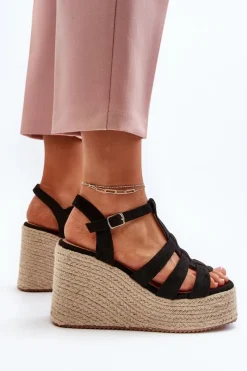 Sale Sandały Na Koturnie Z Plecionką Czarne Gnosis Damskie Sandały Na Koturnie