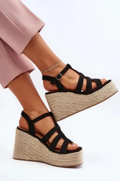 Sale Sandały Na Koturnie Z Plecionką Czarne Gnosis Damskie Sandały Na Koturnie