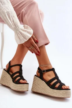 Sale Sandały Na Koturnie Z Plecionką Czarne Gnosis Damskie Sandały Na Koturnie