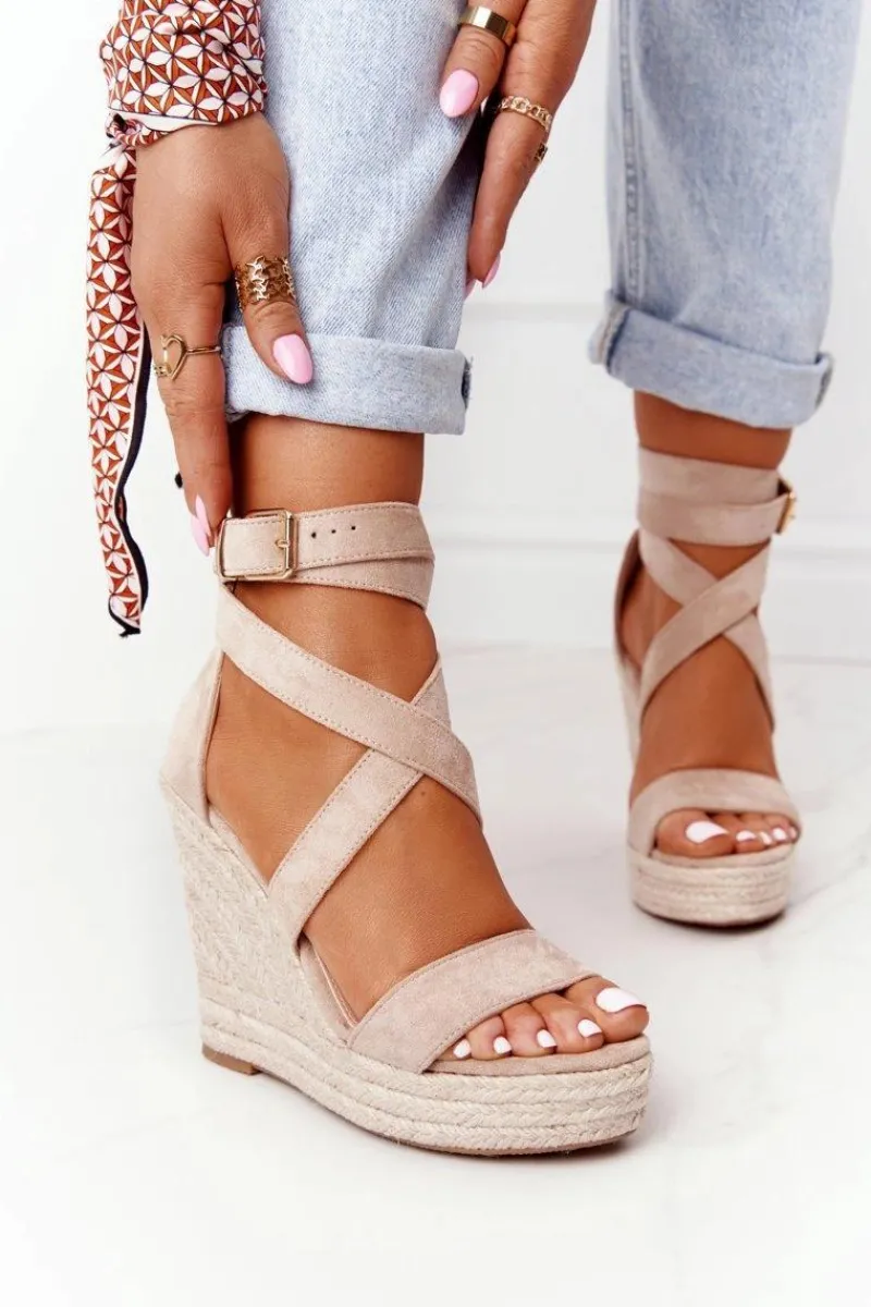 Online Boto Sandały Na Koturnie Z Plecionką Beżowe Lanzarote