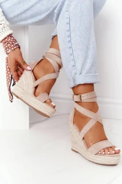 Online Boto Sandały Na Koturnie Z Plecionką Beżowe Lanzarote