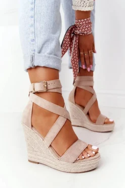 Online Boto Sandały Na Koturnie Z Plecionką Beżowe Lanzarote