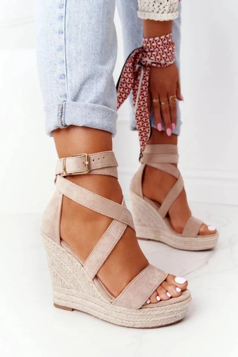 Online Boto Sandały Na Koturnie Z Plecionką Beżowe Lanzarote