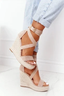 Online Boto Sandały Na Koturnie Z Plecionką Beżowe Lanzarote