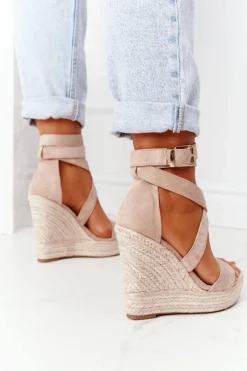 Online Boto Sandały Na Koturnie Z Plecionką Beżowe Lanzarote