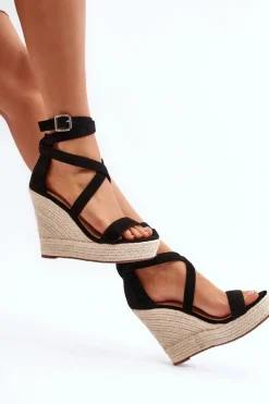 Clearance Boto Sandały Na Koturnie Z Plecionką Czarne Salthe