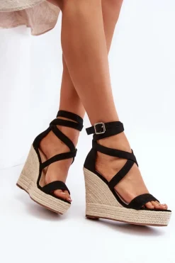 Clearance Boto Sandały Na Koturnie Z Plecionką Czarne Salthe